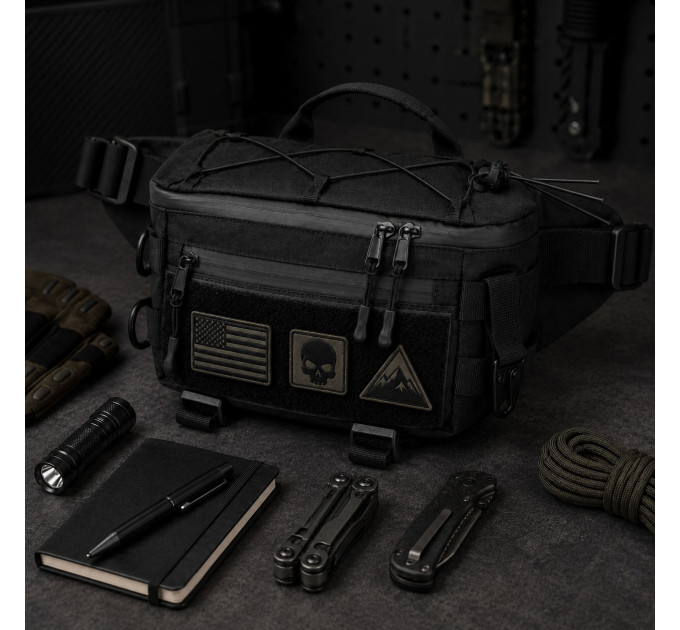Тактична сумка-бананка через плече чорна з Cordura 1000D, поясна чоловіча сумка з VELCRO та карабіном