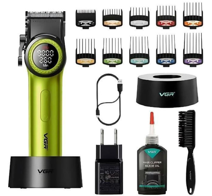 Професійна машинка для стрижки волосся VGR V-001 з дисплеєм 9000 об/хв та 10 насадками. Колір: зелений