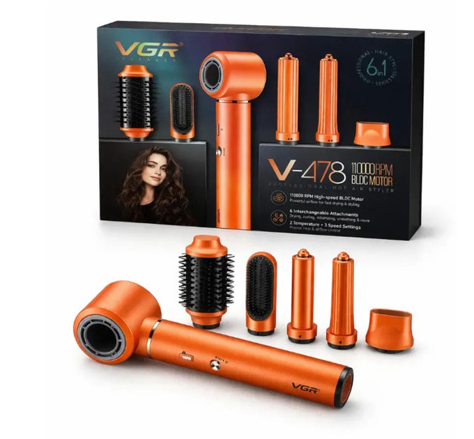 Фен-стайлер VGR V-478 6в1 5 насадок 3 скорости 2 режима температуры 1400Вт Orange