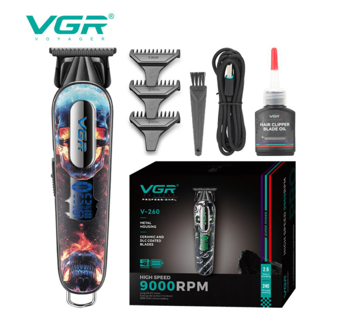 Тример акумуляторний для стрижки VGR V-260 RED, 3 насадки, LED дисплей