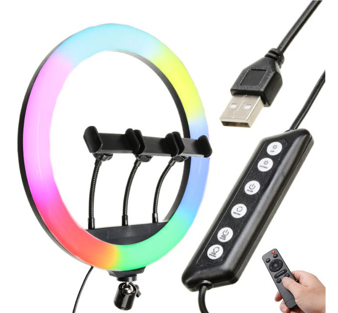 Кольцевая LED лампа RGB MJ45 Ring 45 см комплектация адаптер со встроенным кабелем, держатели для телефона, пульт