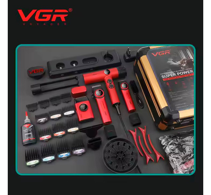 Набор VGR STEPLERSS RPO 4 IN 1 RED, машинка для стрижки, триммер, электробритва, фен