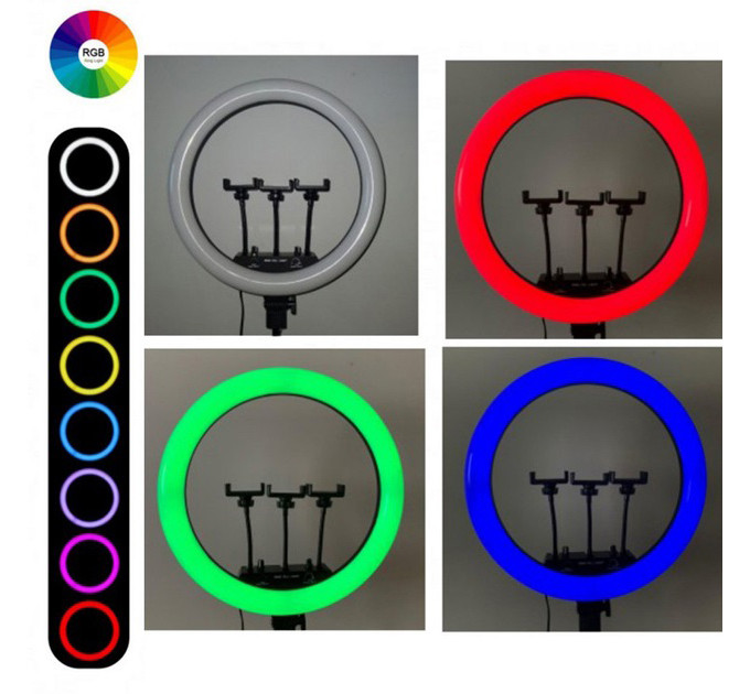 Кольцевая LED лампа RGB MJ45 Ring 45 см комплектация адаптер со встроенным кабелем, держатели для телефона, пульт