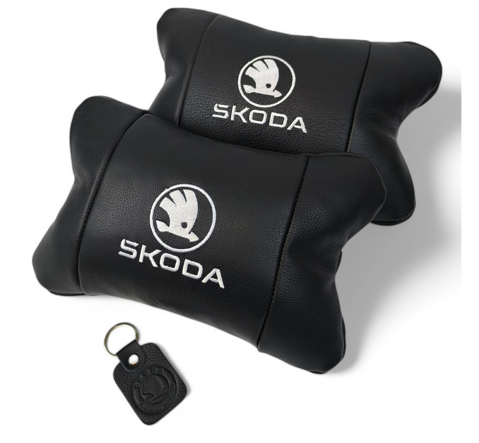 Автомобильные подушки 2 шт на подголовник Skoda / Шкода, из натуральной кожи, стильный аксессуар для вашего авто