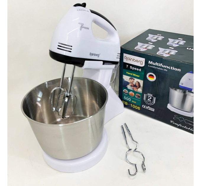 Стаціонарний електричний міксер із чашею Rainberg RB-1006 500W з насадками для замішування тіста Black