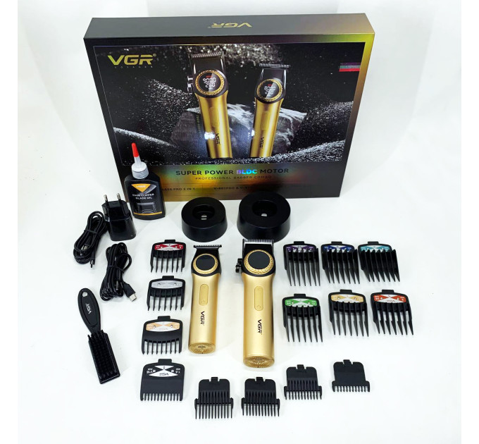 Набор VGR 2 в 1 V-001 V-977 GOLD, аккумуляторная машинка для стрижки и триммер. Цвет: золотой