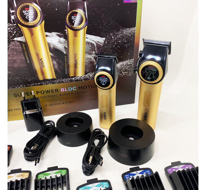 Набор VGR 2 в 1 V-001 V-977 GOLD, аккумуляторная машинка для стрижки и триммер. Цвет: золотой