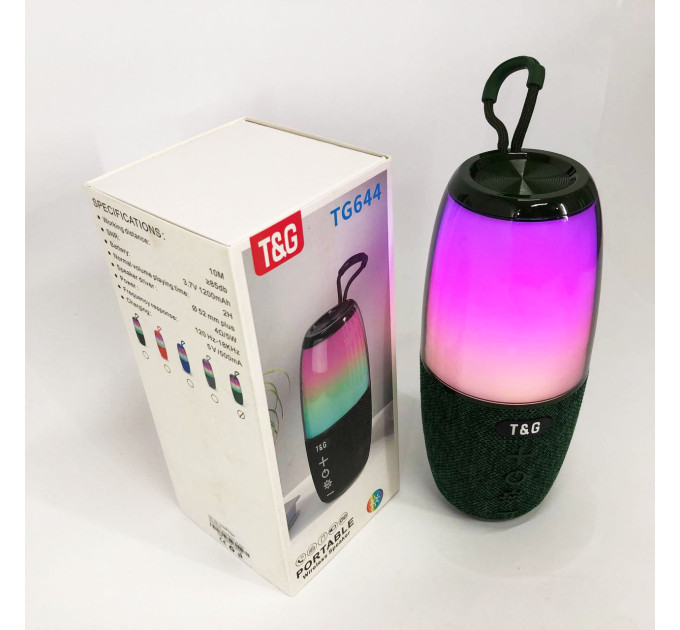 Портативная колонка TG644 5W с RGB подсветкой и ремешком, Беспроводная колонка мощная. Цвет: зеленый