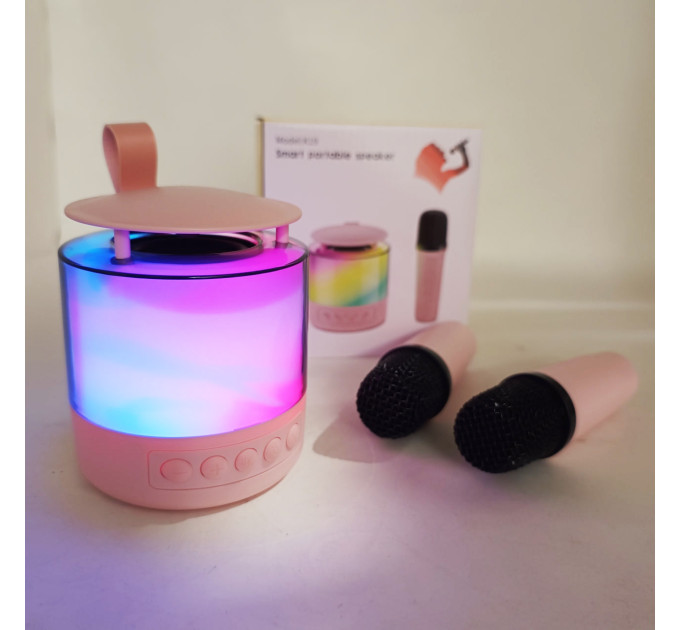 Портативная Bluetooth колонка K19 с подсветкой LED и двумя микрофонами для караоке Pink
