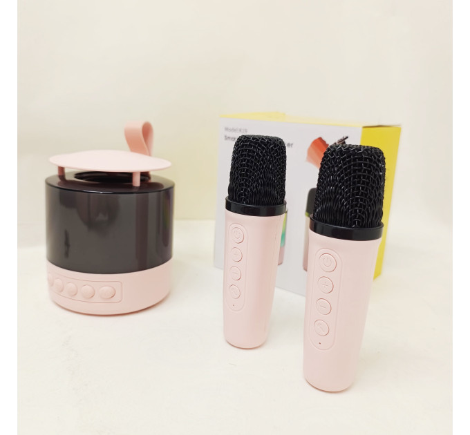 Портативная Bluetooth колонка K19 с подсветкой LED и двумя микрофонами для караоке Pink