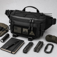 Тактична сумка-бананка через плече чорна з Cordura 1000D, поясна чоловіча сумка з VELCRO та карабіном
