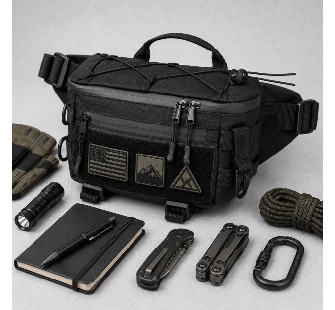 Тактична сумка-бананка через плече чорна з Cordura 1000D, поясна чоловіча сумка з VELCRO та карабіном
