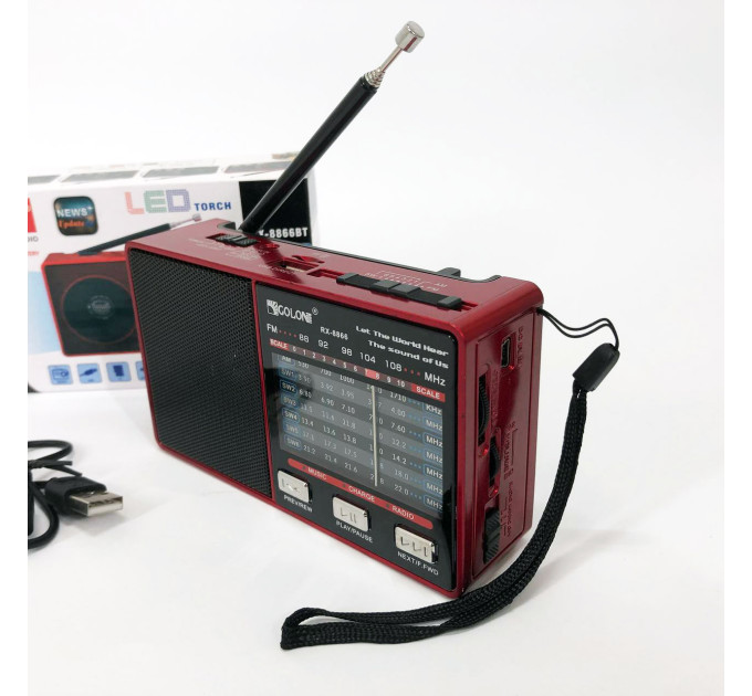 Радио GOLON RX-8866 цифровой портативный радиоприемник с фонариком функцией PowerBank. Цвет: красный