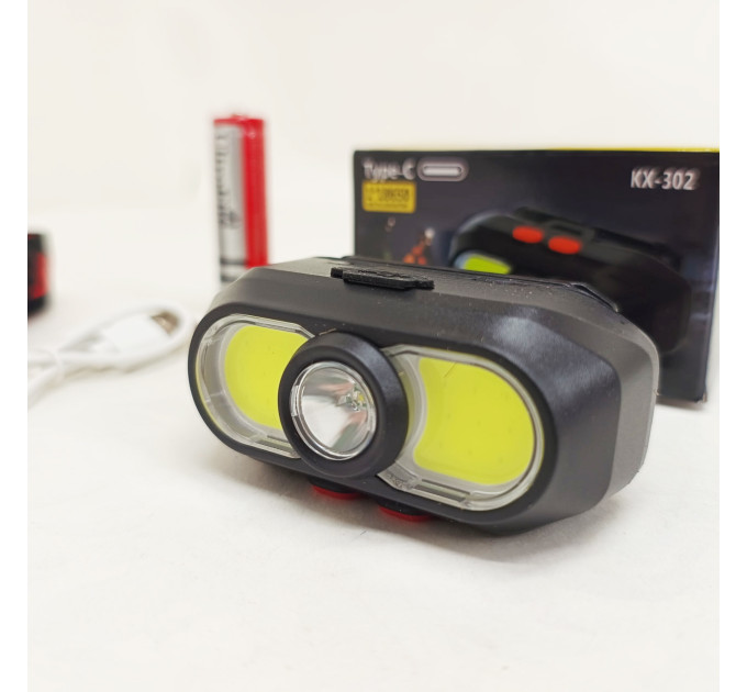 Фонарь налобный аккумуляторный KX-302-LED+2COB