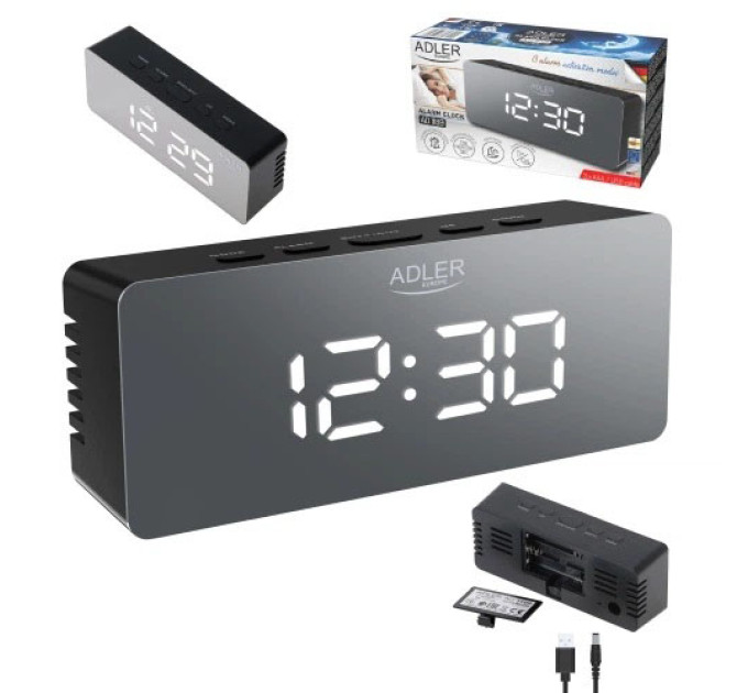 Настільний годинник-будильник Adler AD 1189 Black з термометром, LED-підсвіткою та USB-живленням