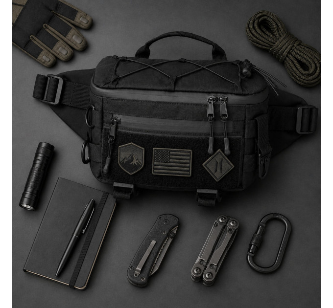 Тактична сумка-бананка через плече чорна з Cordura 1000D, поясна чоловіча сумка з VELCRO та карабіном