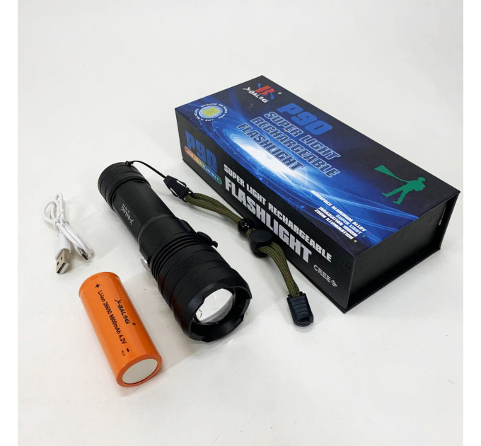 Ручной аккумуляторный светодиодный фонарь Police X-Balog BL-1827-P90 переносной с USB зарядкой оптическим зумом и металлическим корпусом + ремешок на руку