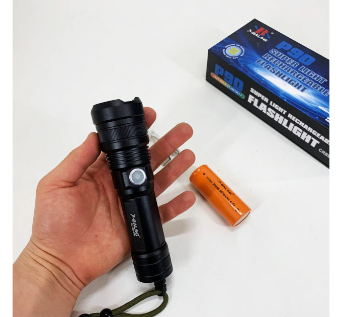 Ручной аккумуляторный светодиодный фонарь Police X-Balog BL-1827-P90 переносной с USB зарядкой оптическим зумом и металлическим корпусом + ремешок на руку