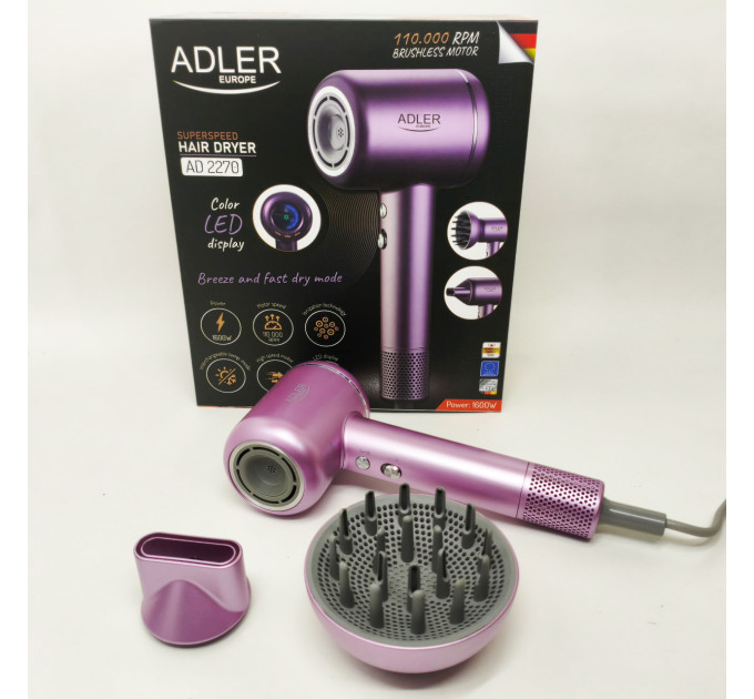 Фен для волос ADLER AD 2270P SUPERSPEED 1600Вт с дисплеем ионизация