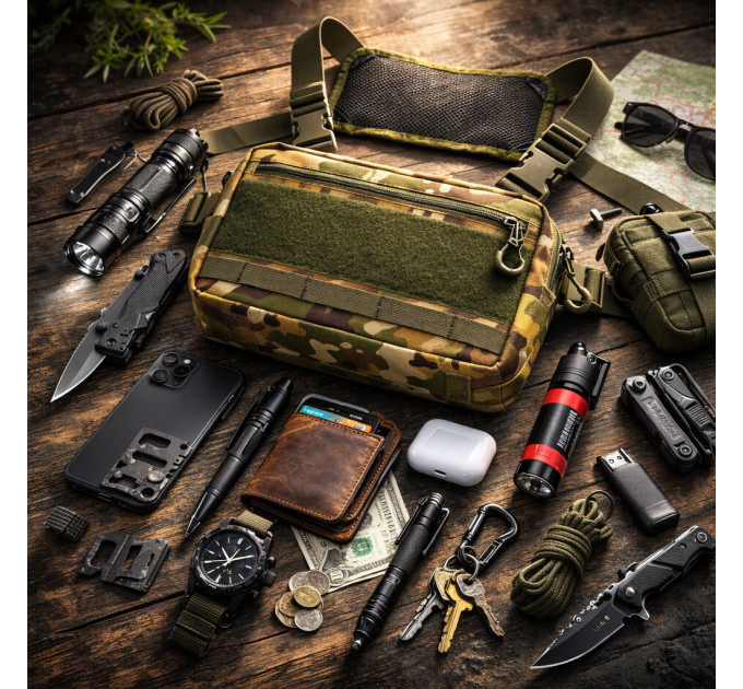 Тактическая нагрудная сумка Multicam Cordura 1000D с MOLLE и патч-панелью, 5 карманов, 30×20×8 см