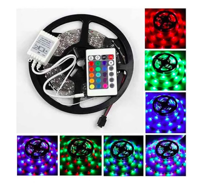 Светодиодная лента SMD 3528 RGB 5м с пультом и блоком питания гирлянда