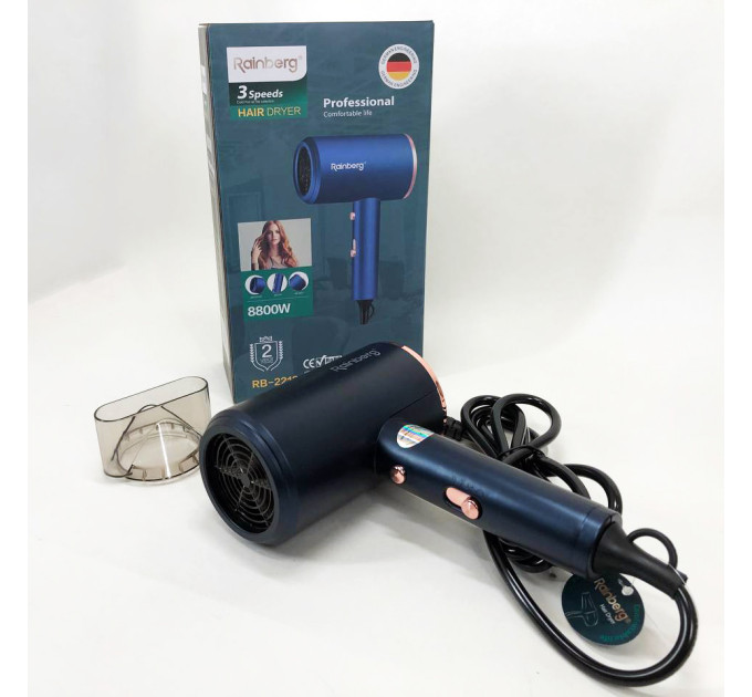 Фен Rainberg RB-2212 8800Вт з регуляцією температури та швидкості для сушіння та укладання волосся Blue
