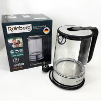 Дисковый электрический чайник Rainberg RB-709 2Л 2200Вт стеклянный с подсветкой, бесшумный чайник Black