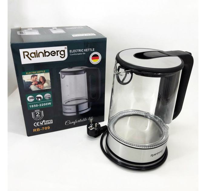 Дисковый электрический чайник Rainberg RB-709 2Л 2200Вт стеклянный с подсветкой, бесшумный чайник Black