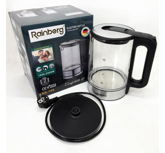 Дисковый электрический чайник Rainberg RB-709 2Л 2200Вт стеклянный с подсветкой, бесшумный чайник Black