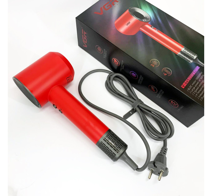 Фен професійний VGR V-445 RED, 3 рівні обдування, 4 рівні температури, 1600Вт