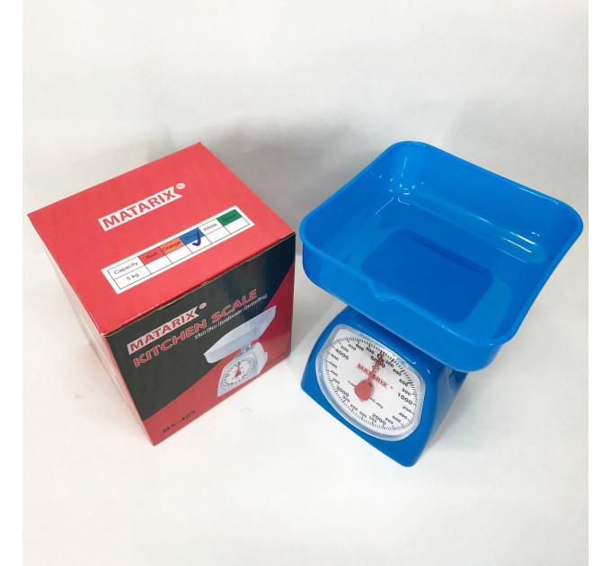 Весы кухонные механические MATARIX MX-405 5 кг, весы пищевые, весы со съемной чашей. Цвет: синий
