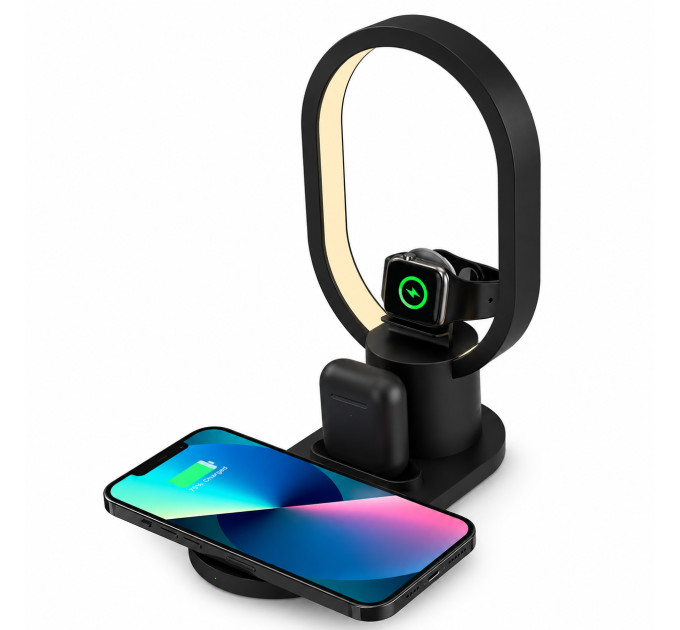 Бездротова зарядна станція LED нічник 15Вт для смартфонів та навушників заряджання без проводів Black