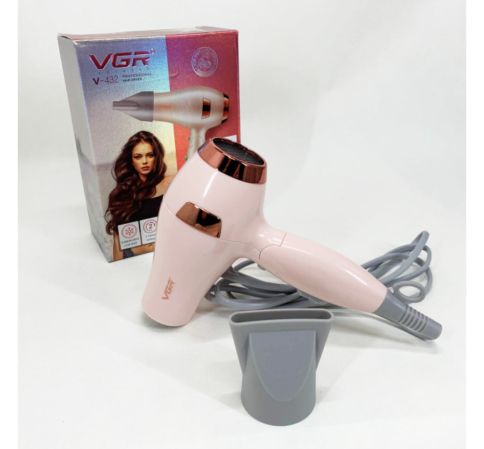 Фен для волосся дорожній VGR V-432 PINK, з концентратором 1000 Вт, іонізація та 2 режими. Колір: рожевий