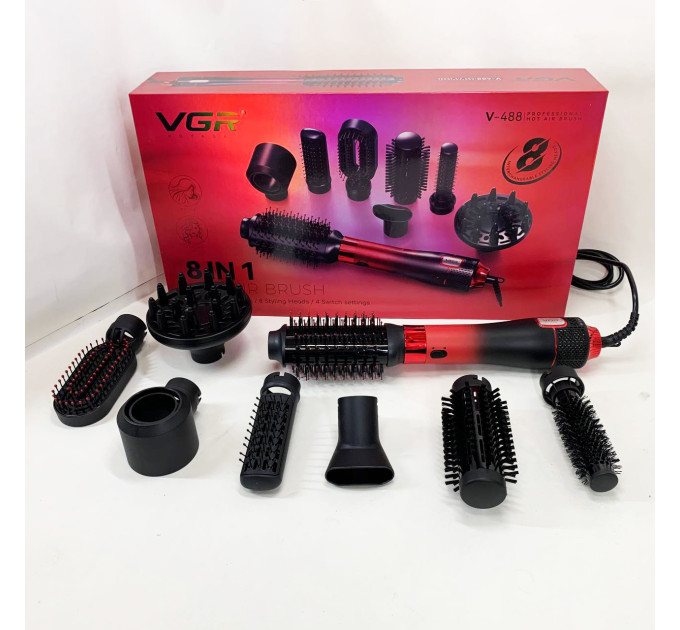 Фен-щетка стайлер VGR 8 в 1 V-488. Цвет: красный