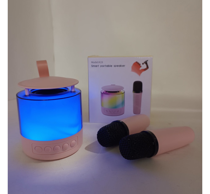Портативная Bluetooth колонка K19 с подсветкой LED и двумя микрофонами для караоке Pink