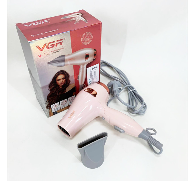 Фен для волосся дорожній VGR V-432 PINK, з концентратором 1000 Вт, іонізація та 2 режими. Колір: рожевий