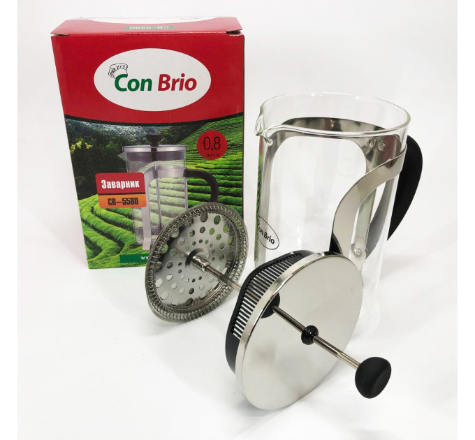 Френч-пресс Con Brio CB-5580 0.8 л, Стильный стеклянный заварочный чайник, Заварной стеклянный чайник