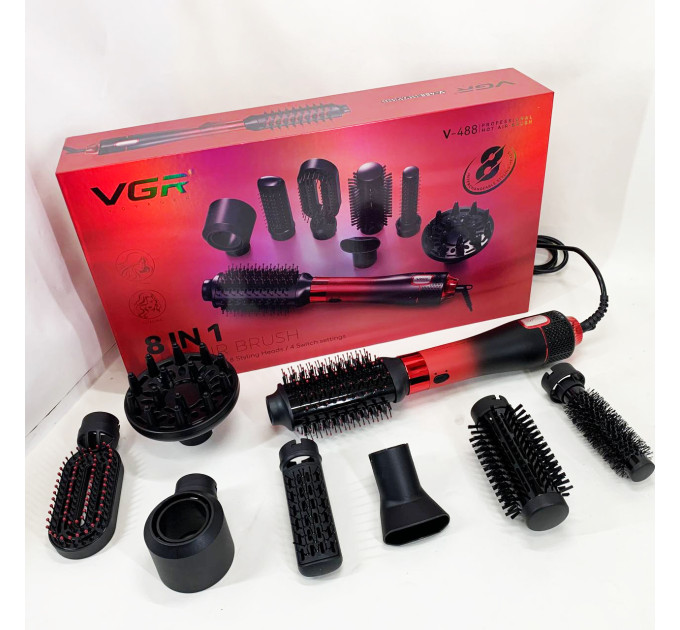 Фен-щетка стайлер VGR 8 в 1 V-488. Цвет: красный