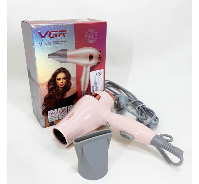 Фен для волосся дорожній VGR V-432 PINK, з концентратором 1000 Вт, іонізація та 2 режими. Колір: рожевий