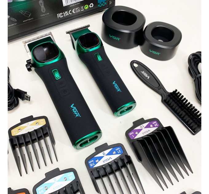 Комплект VGR 2 в 1 V-885 S2 GREEN, аккумуляторная машинка для стрижки и триммер