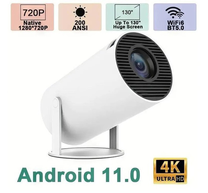LED Проектор для дома портативный Смарт с WiFi, Bluetooth, Android 11, белый, 1280х720р