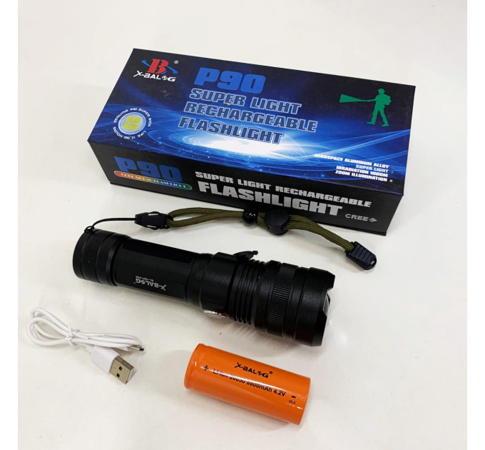 Ручной аккумуляторный светодиодный фонарь Police X-Balog BL-1827-P90 переносной с USB зарядкой оптическим зумом и металлическим корпусом + ремешок на руку