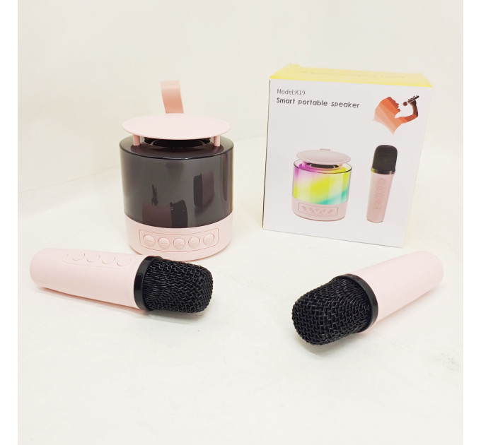 Портативная Bluetooth колонка K19 с подсветкой LED и двумя микрофонами для караоке Pink