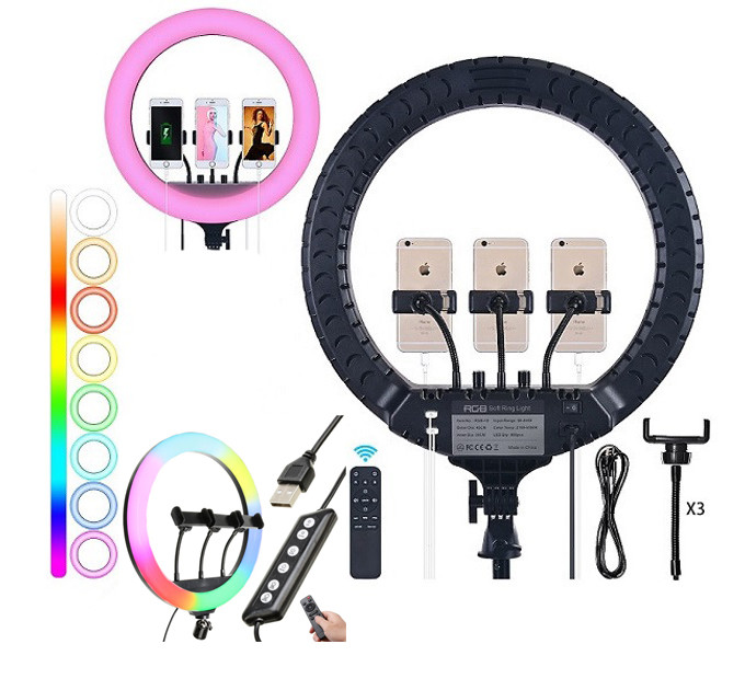 Кольцевая LED лампа RGB MJ45 Ring 45 см комплектация адаптер со встроенным кабелем, держатели для телефона, пульт