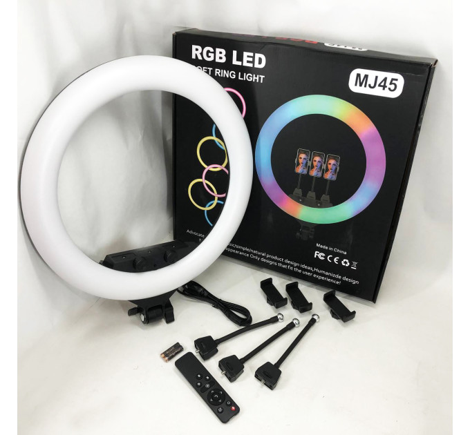 Кольцевая LED лампа RGB MJ45 Ring 45 см комплектация адаптер со встроенным кабелем, держатели для телефона, пульт
