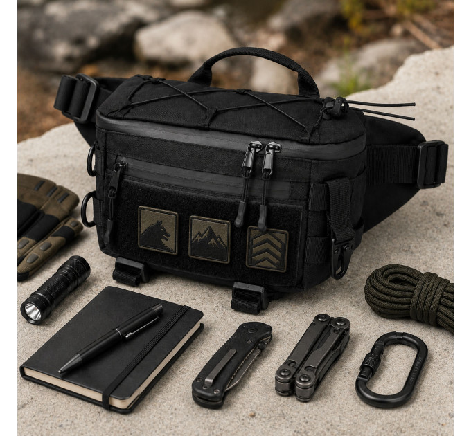 Тактична сумка-бананка через плече чорна з Cordura 1000D, поясна чоловіча сумка з VELCRO та карабіном