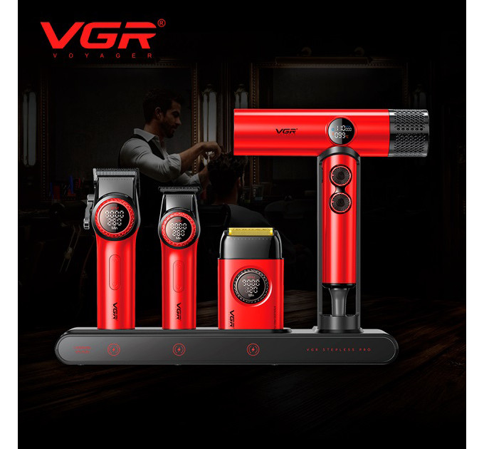 Набор VGR STEPLERSS RPO 4 IN 1 RED, машинка для стрижки, триммер, электробритва, фен