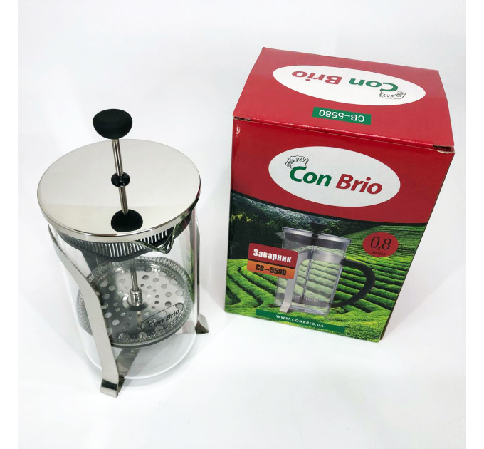 Френч-пресс Con Brio CB-5580 0.8 л, Стильный стеклянный заварочный чайник, Заварной стеклянный чайник