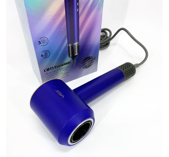 Фен професійний VGR V-445 BLUE, 3 рівні обдування, 4 рівні температури, 1600 Вт