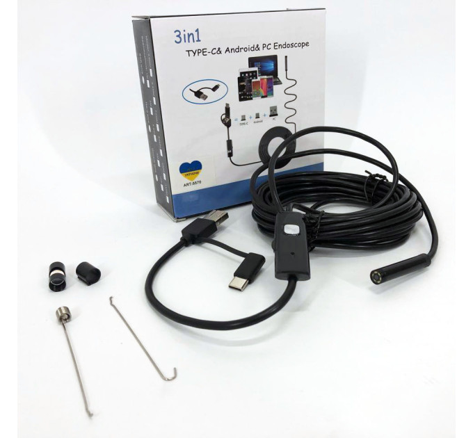 Камера эндоскоп с кабелем на 2 метра 7 мм USB/micro USB с подсветкой, Usb эндоскоп для андроид